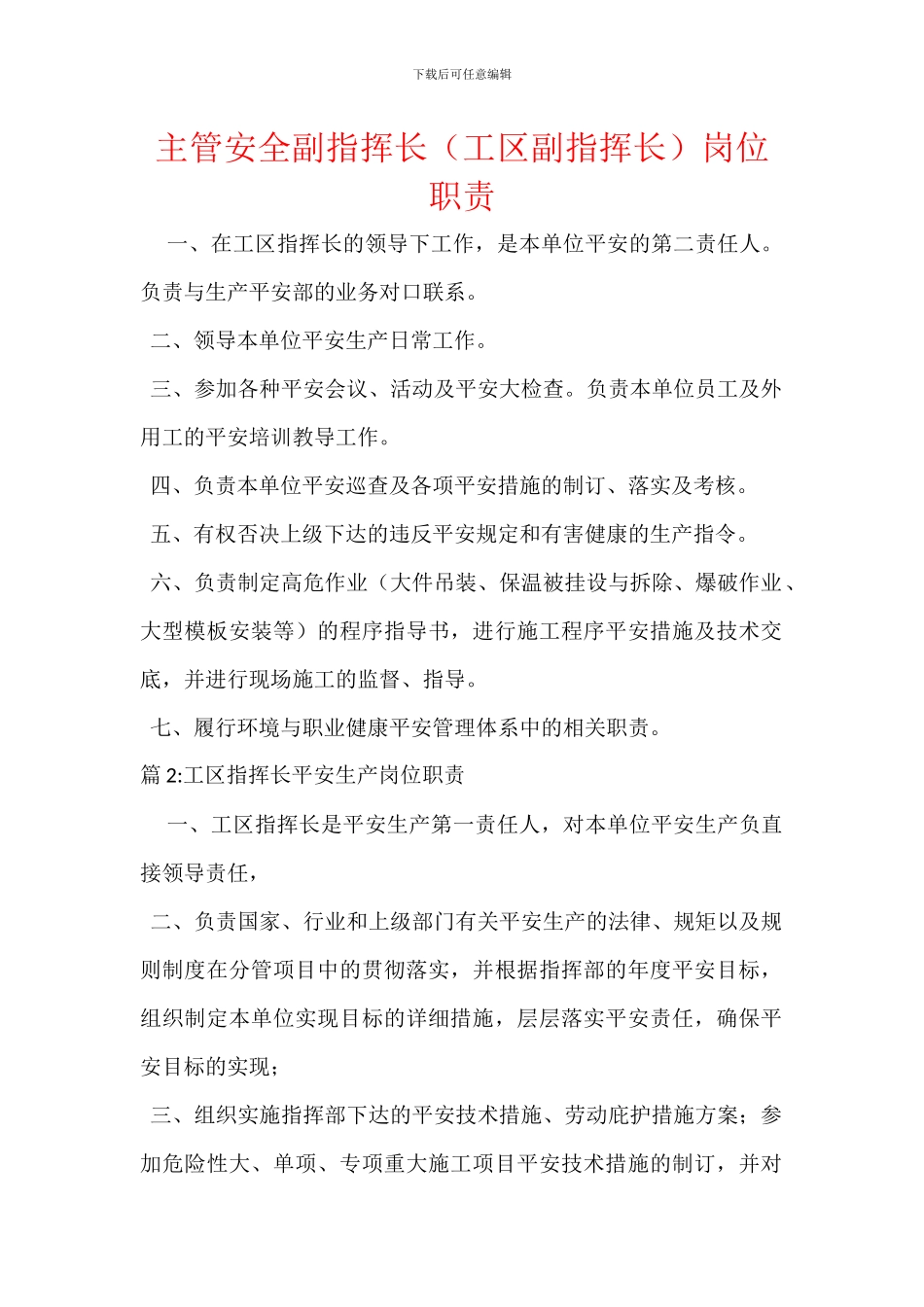 主管安全副指挥长岗位职责_第1页
