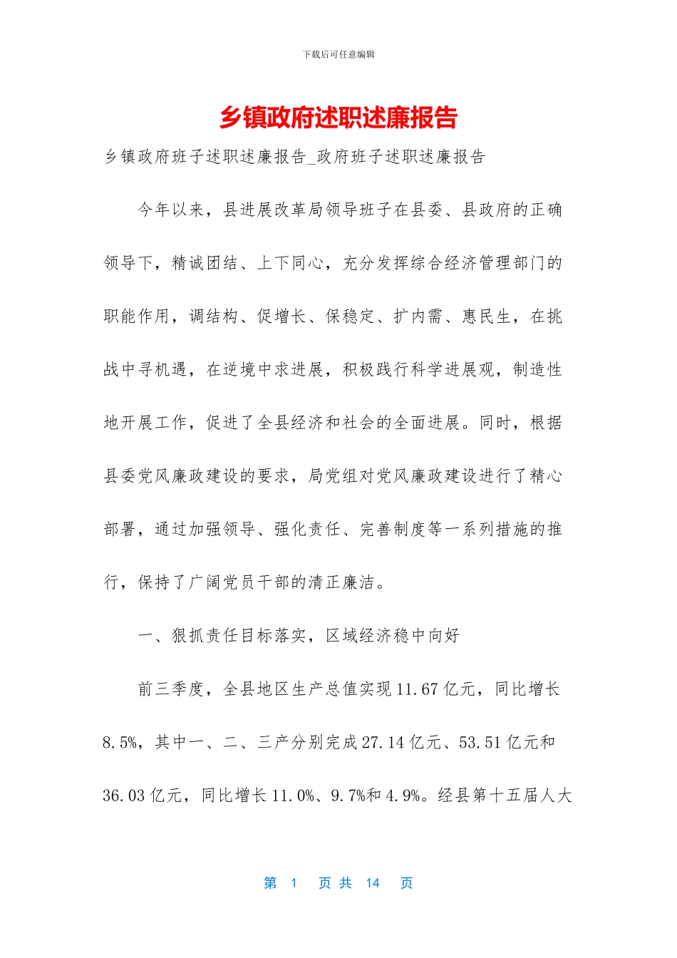 乡镇政府述职述廉报告_第1页