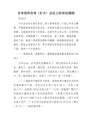 在市政府全体（扩大）会议上的讲话提纲