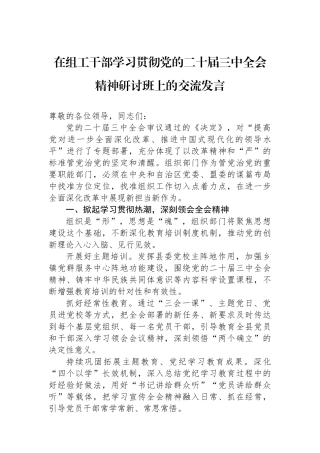 在组工干部学习贯彻党的二十届三中全会精神研讨班上的交流发言