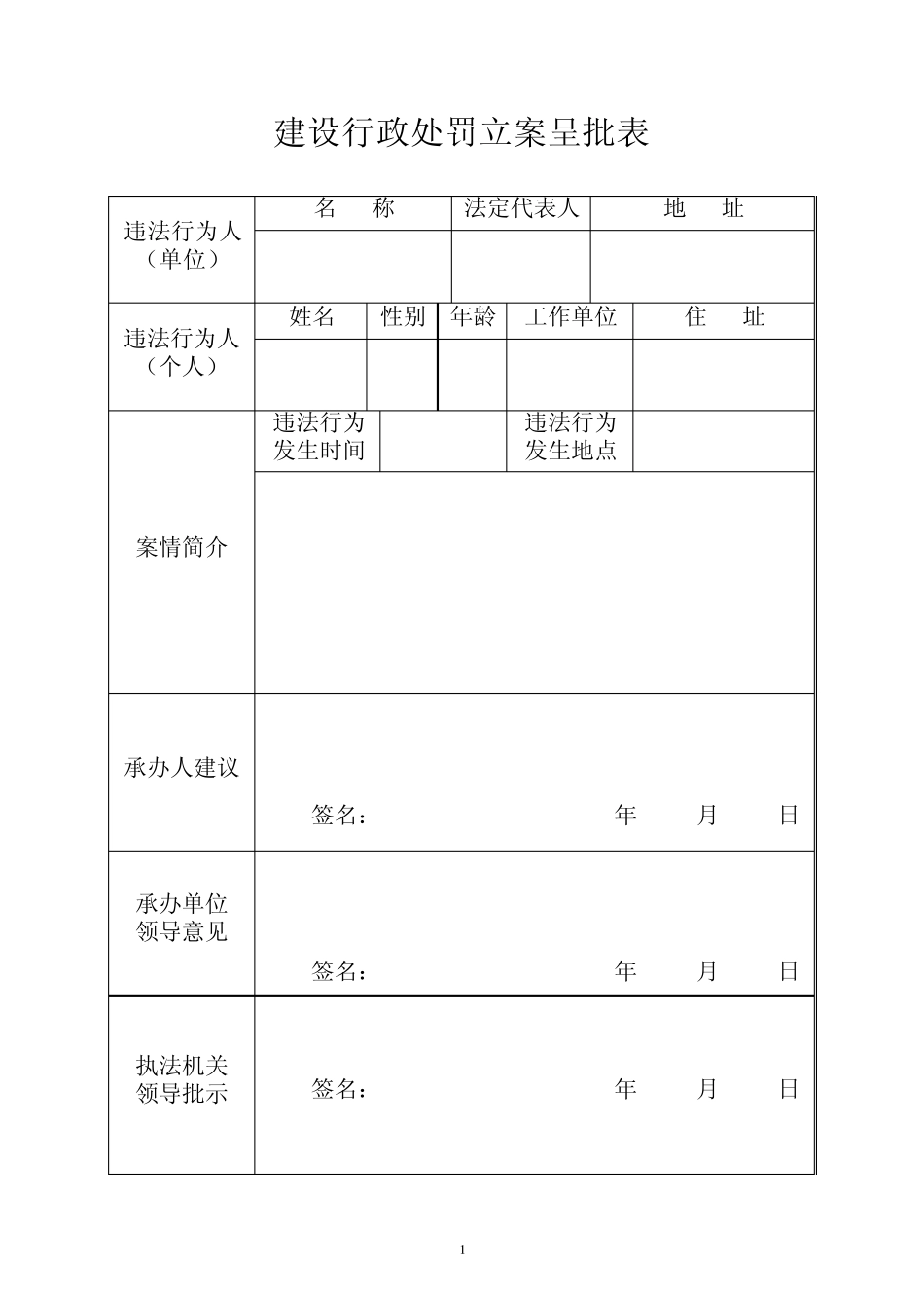 建设行政处罚立案呈批表_第1页