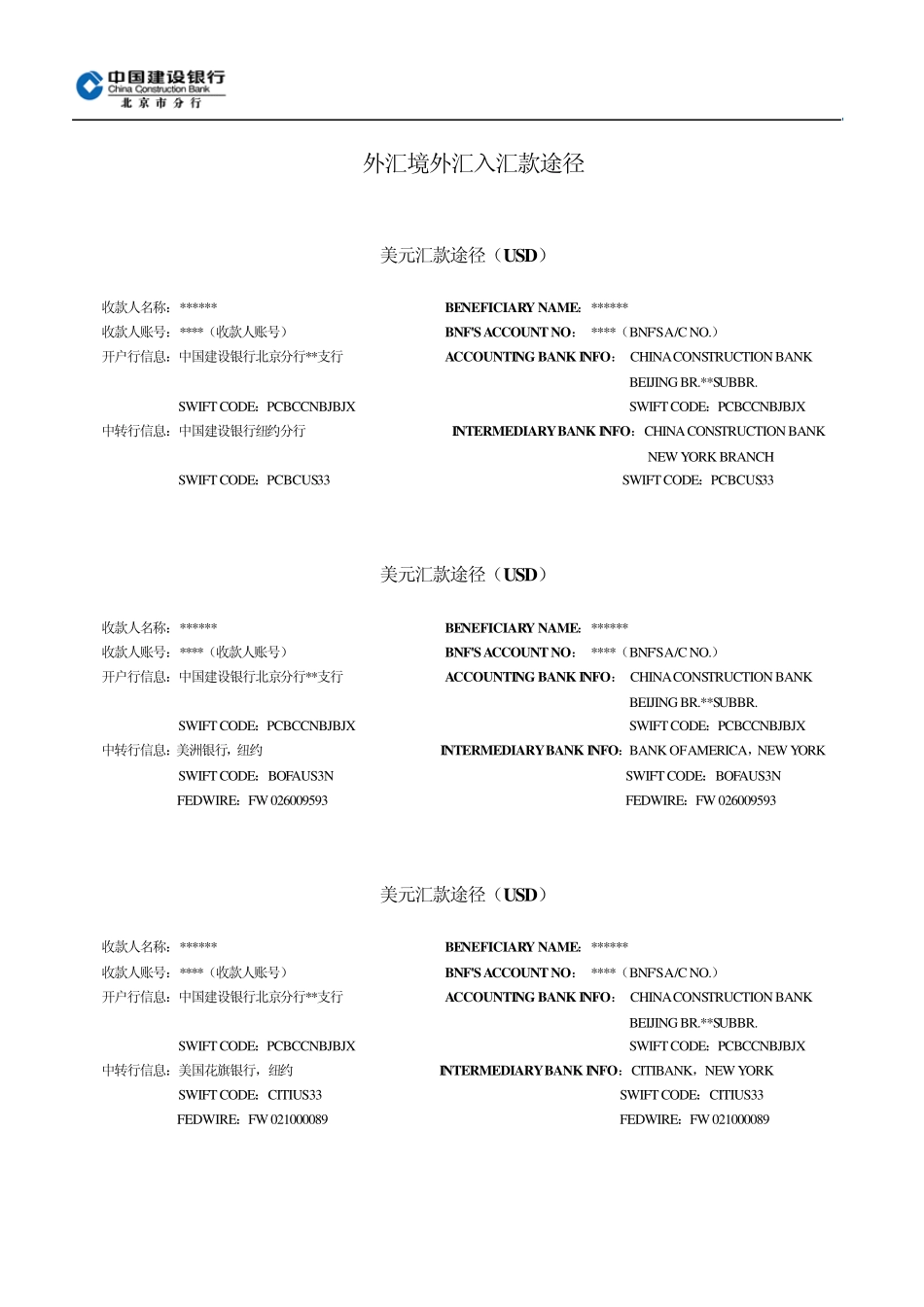 建设银行外汇境外汇入汇款途径(2010年3月9日执行)_第1页