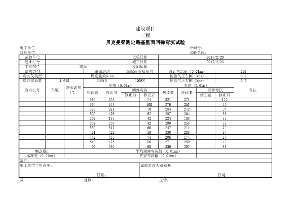 弯沉自动计算表(含弯沉计算及标准差、代表值、平均值)_第1页