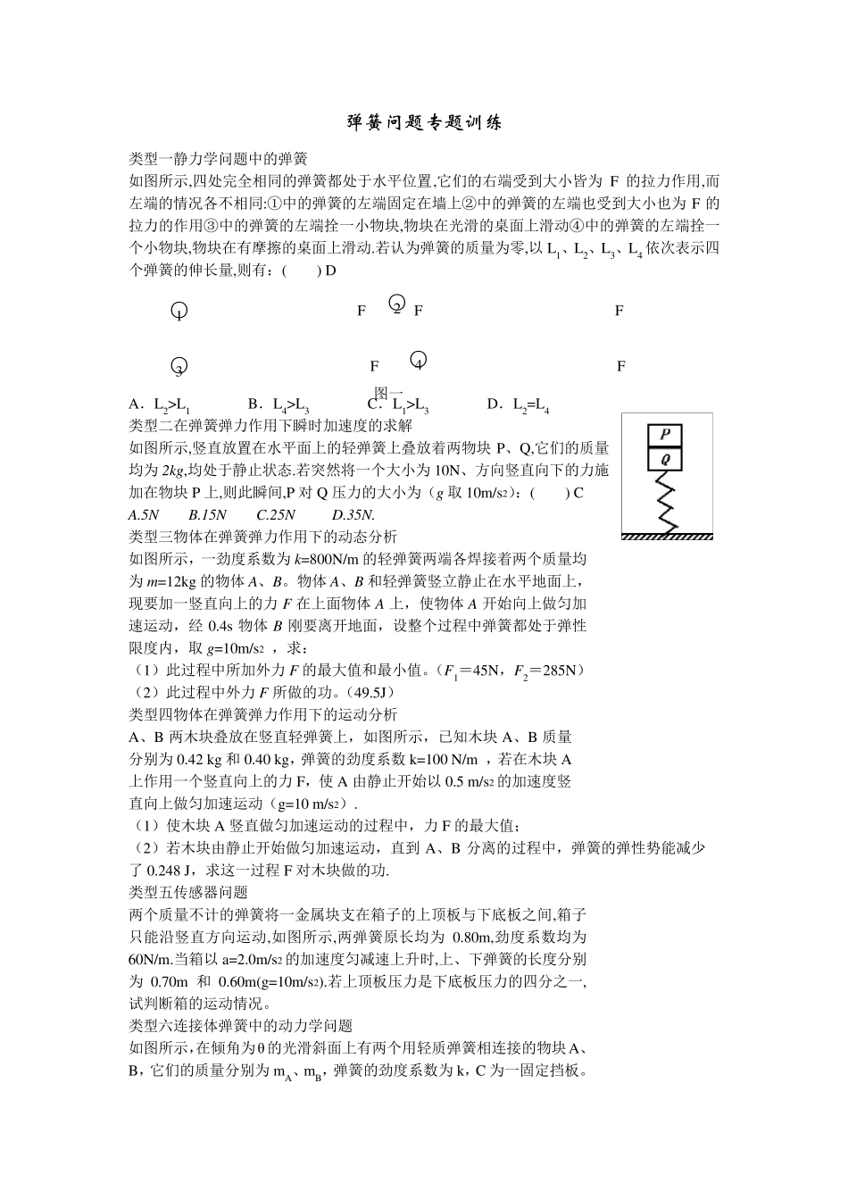 弹簧问题专题训练_第1页