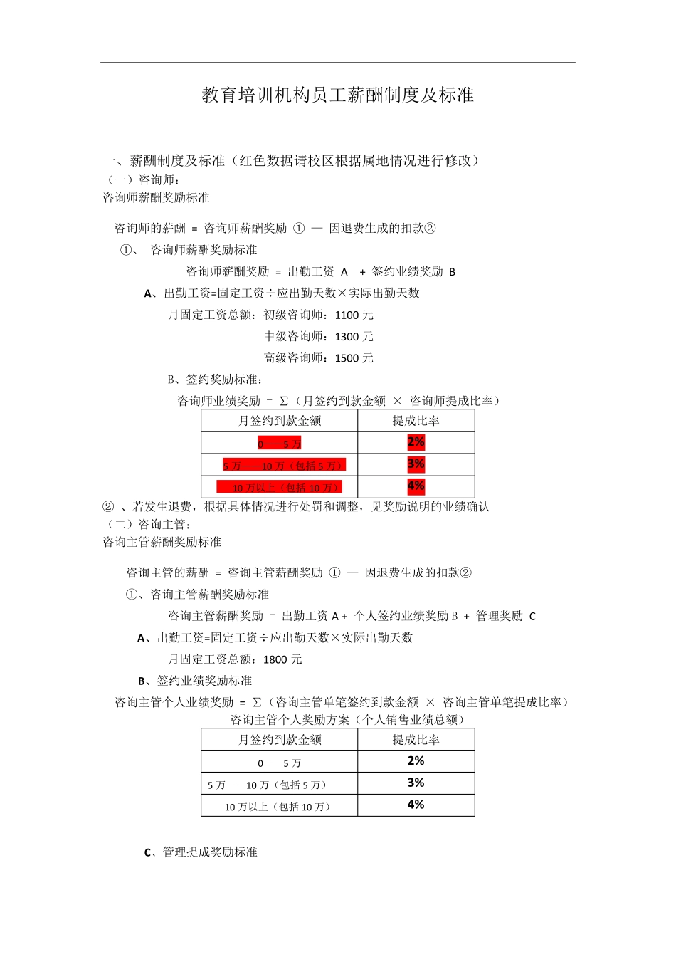 教育培训机构各岗位薪酬体系标准_第1页