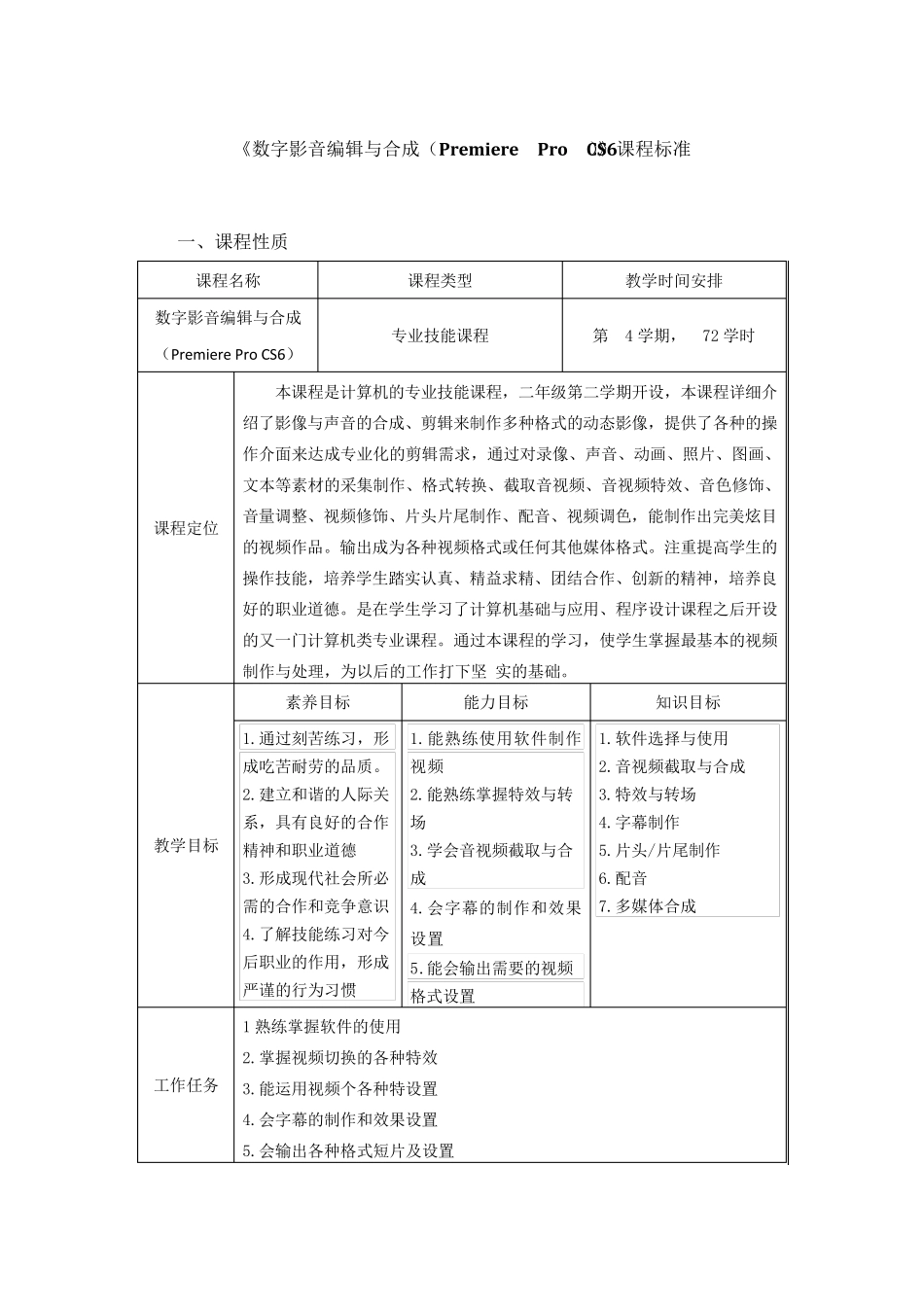 数字影音编辑与合成(PremiereProCS6)课程标准_第1页