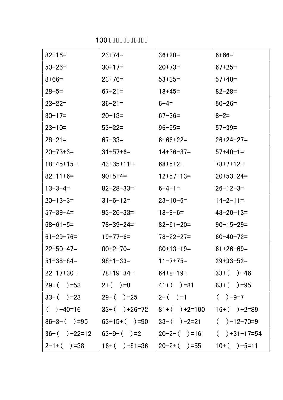 数学100以内加减混合运算口算题题目和答案_第1页