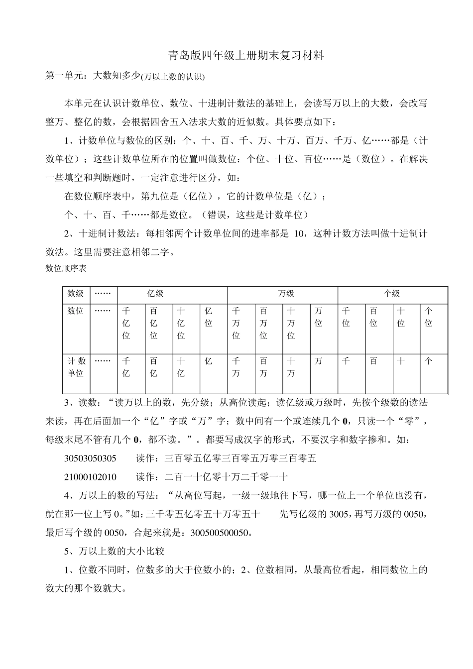 新青岛版四年级数学上册全册知识点归纳材料_第1页