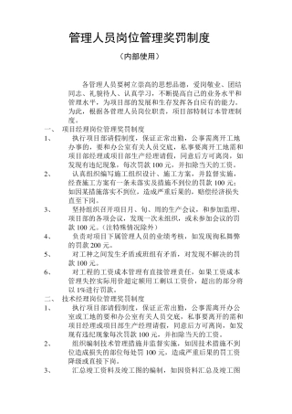 施工企业管理人员岗位管理奖罚制度(内部使用)