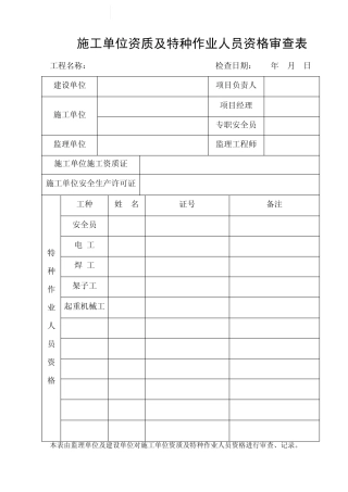 施工单位资质及特种作业人员资格审查表
