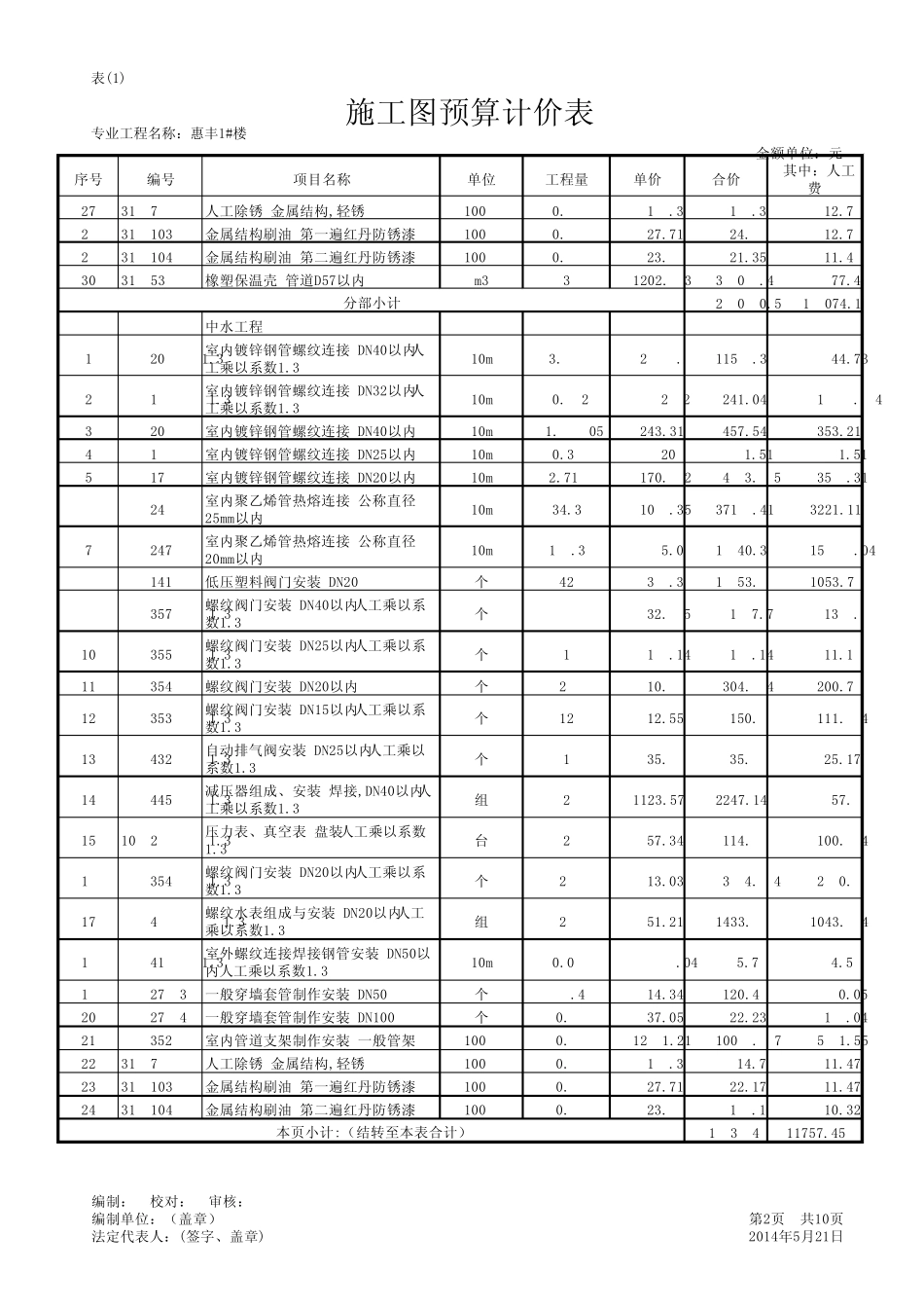 施工图预算计价表(含分部小计)_第2页