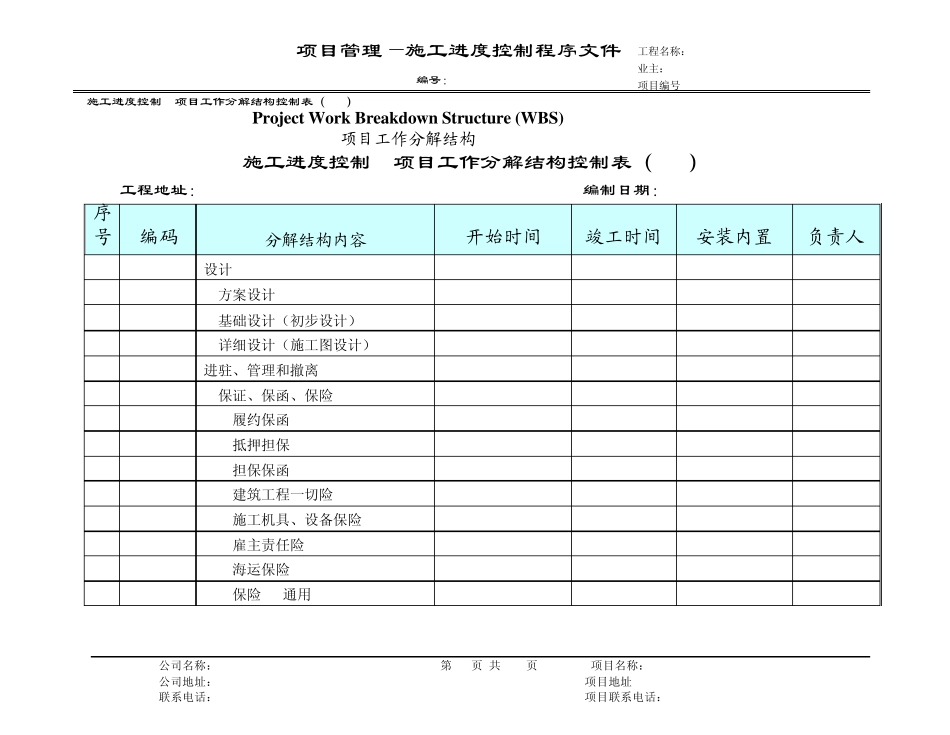 施工进度控制项目工作分解结构控制表(WBS)中英文_第1页