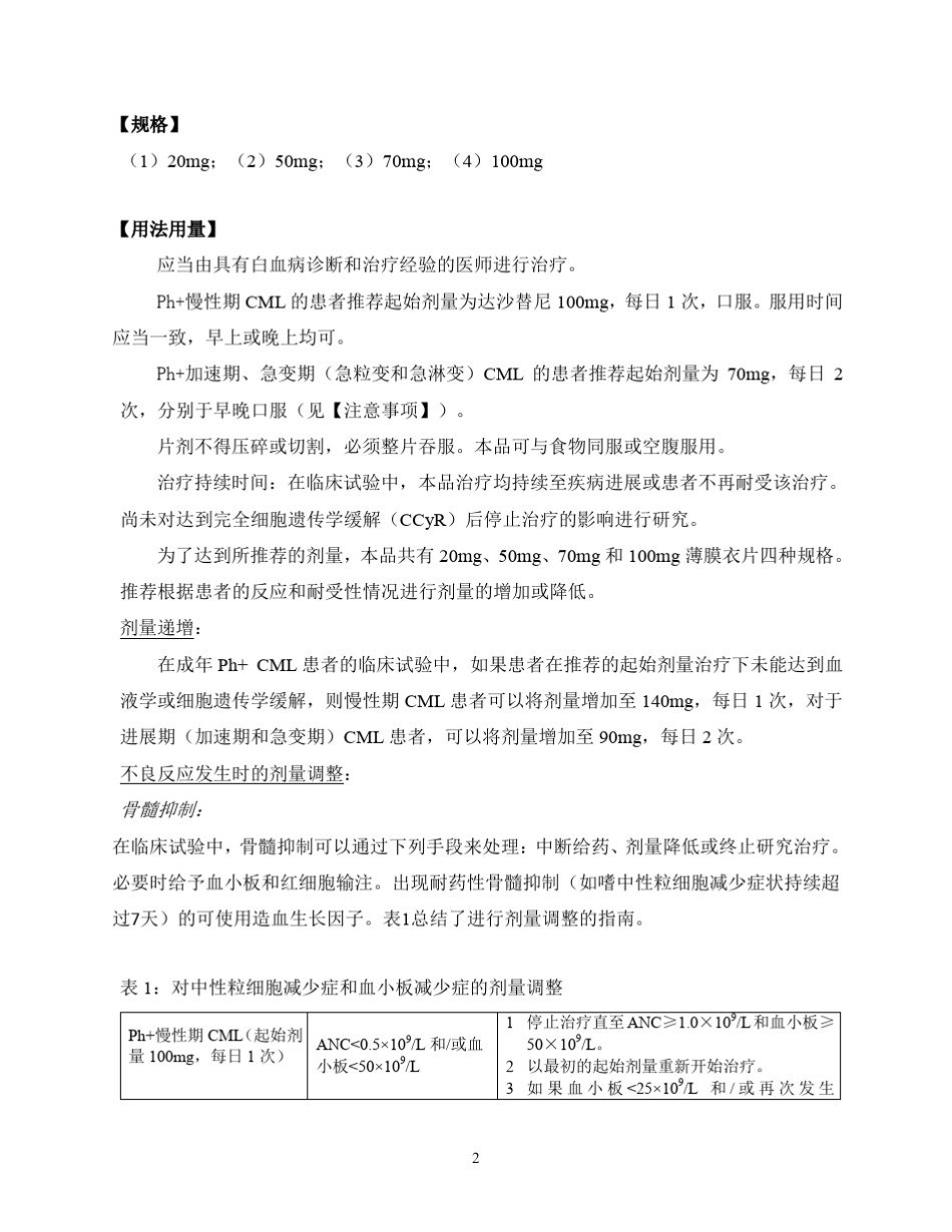 施达赛(达沙替尼)中文说明书_第2页