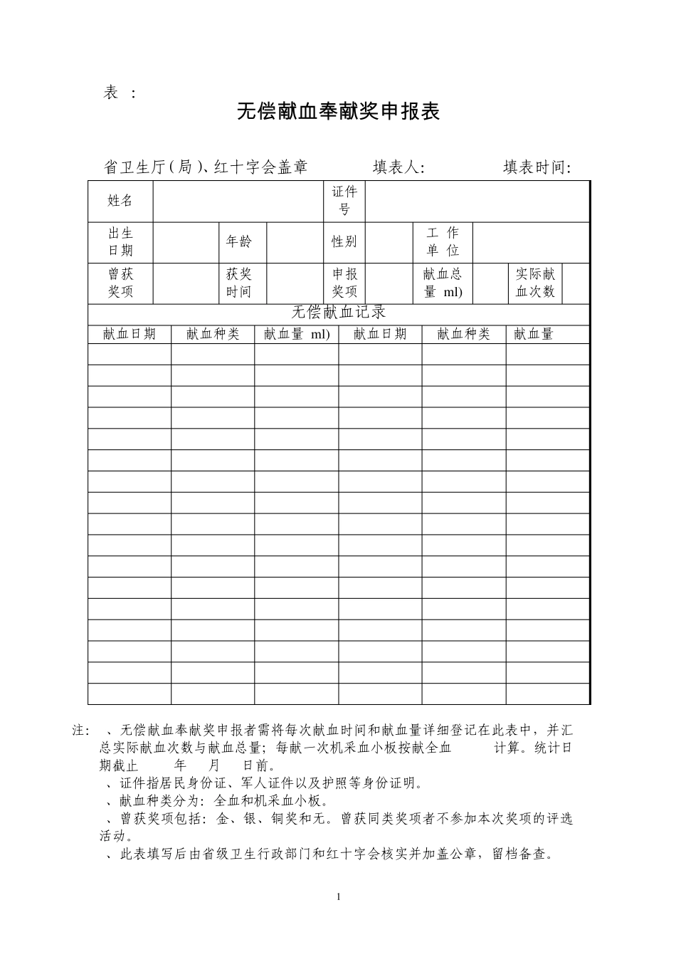 无偿献血奉献奖申报表_第1页