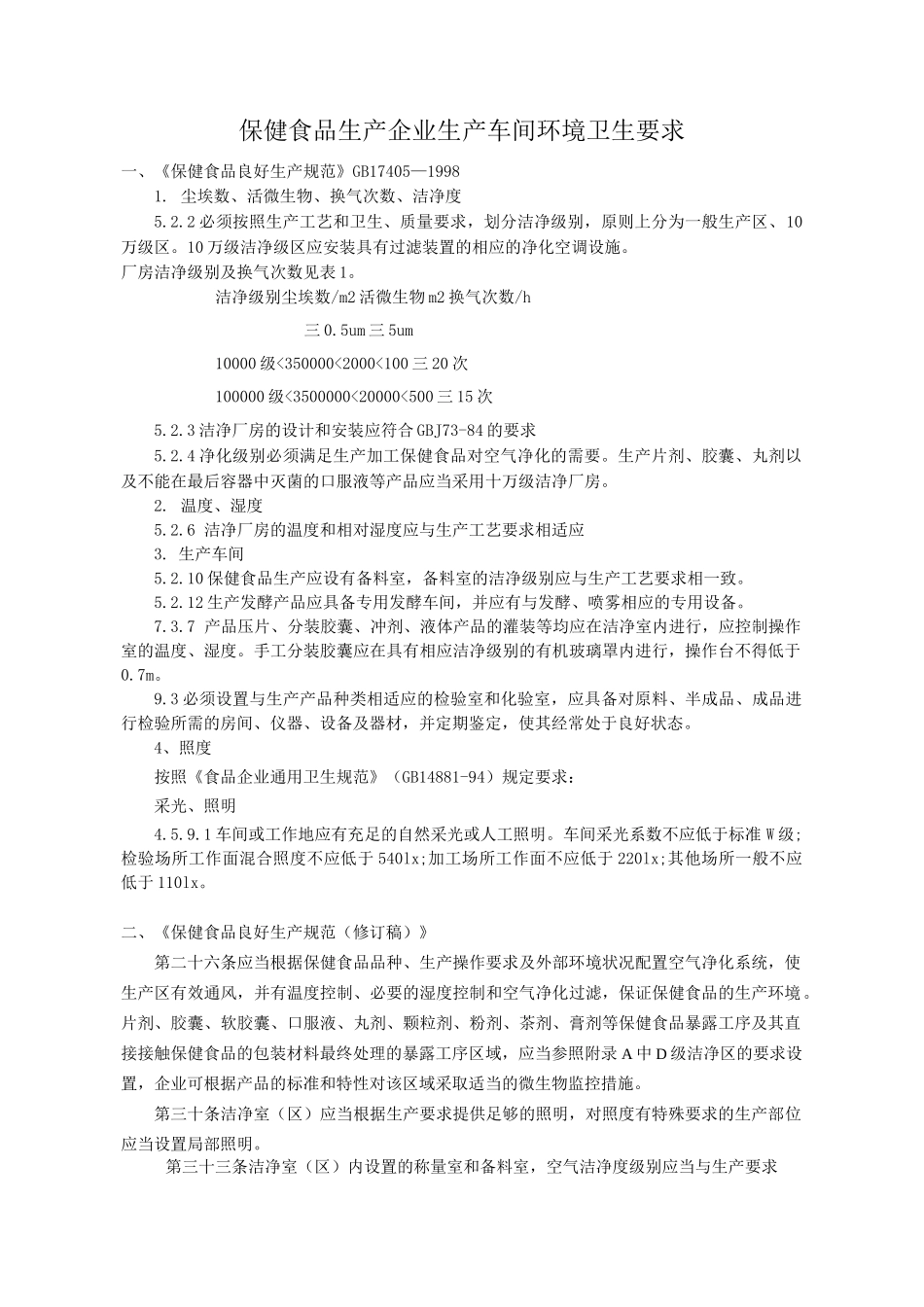 保健食品生企业生产车间环境卫生要求及检测指标选取_第1页