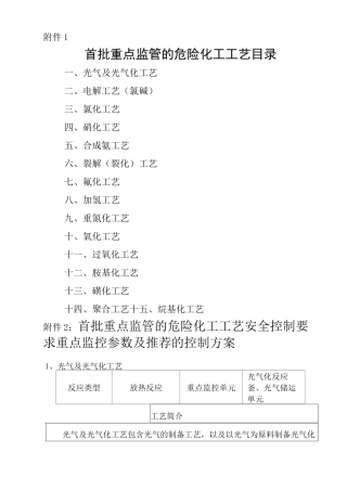 首批重点监管的危险化工工艺目录