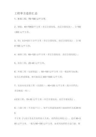 设工程单方造价指标汇总