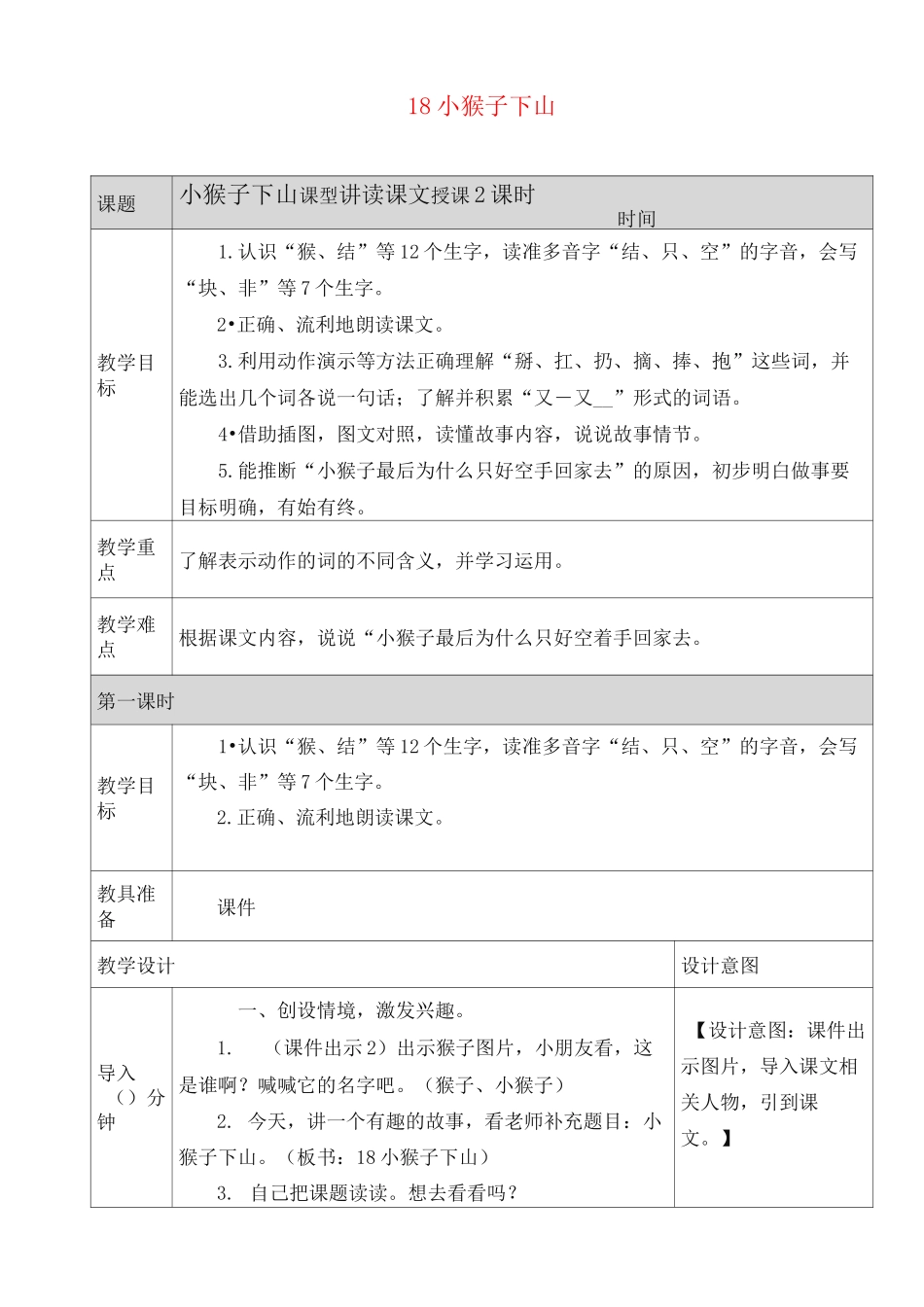 部编版一下语文- 小猴子下山教案_第1页