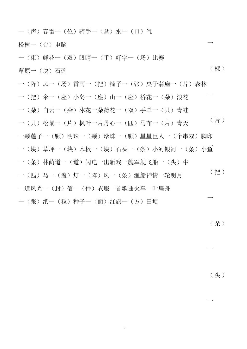 部编人教版一年级语文下册量词大全_第1页