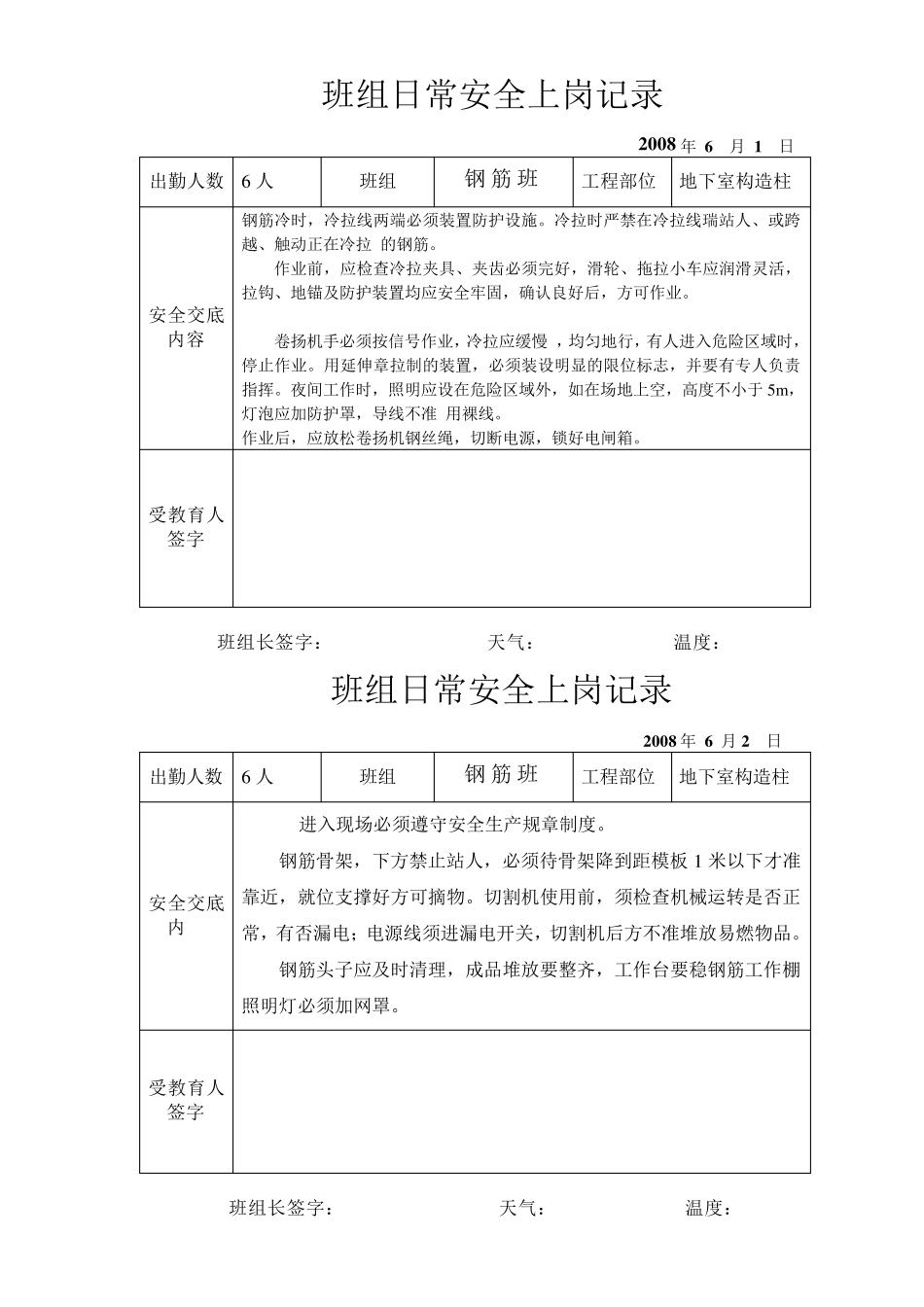日常班前安全教育记录(钢筋班)_第2页