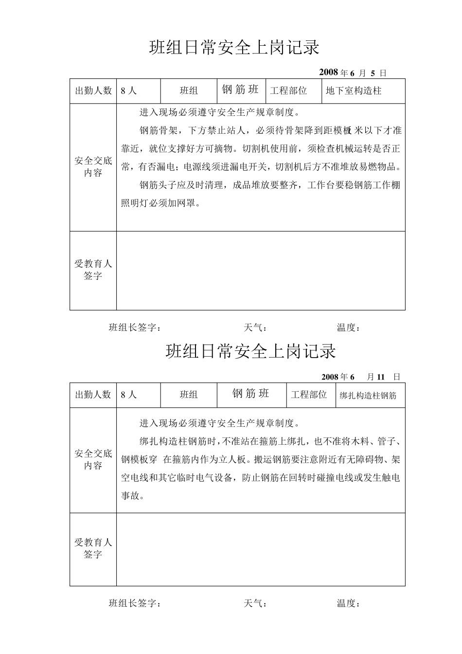 日常班前安全教育记录(钢筋班)_第3页