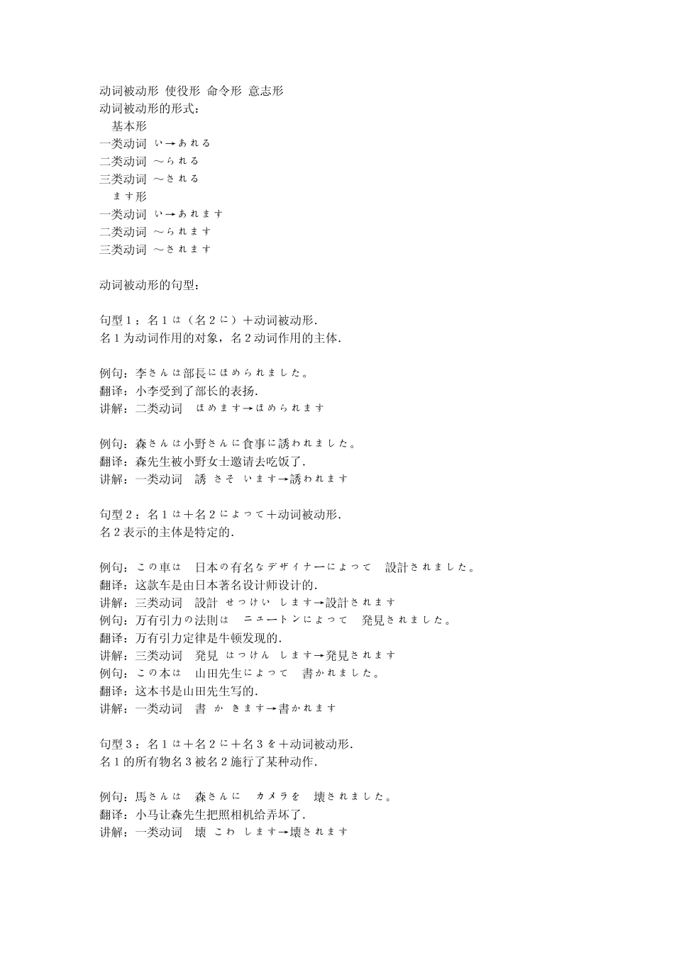 日语动词被动形,使役形,命令形,意志形_第1页