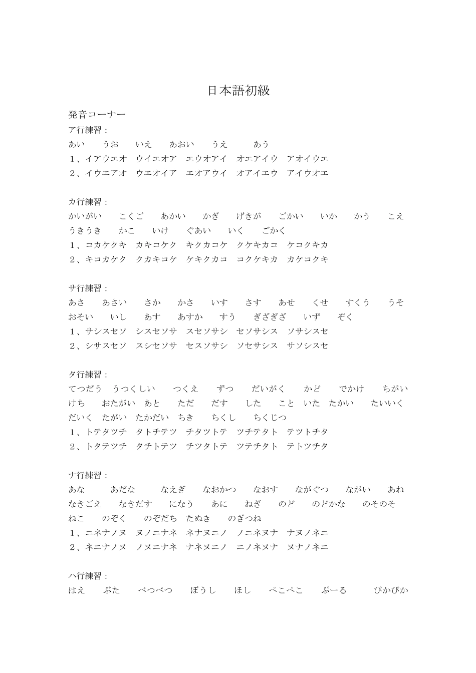 日语语音五十音图初级发音练习和初级日常用语_第1页