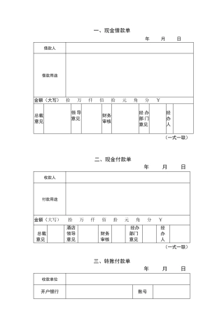 星级酒店用单据