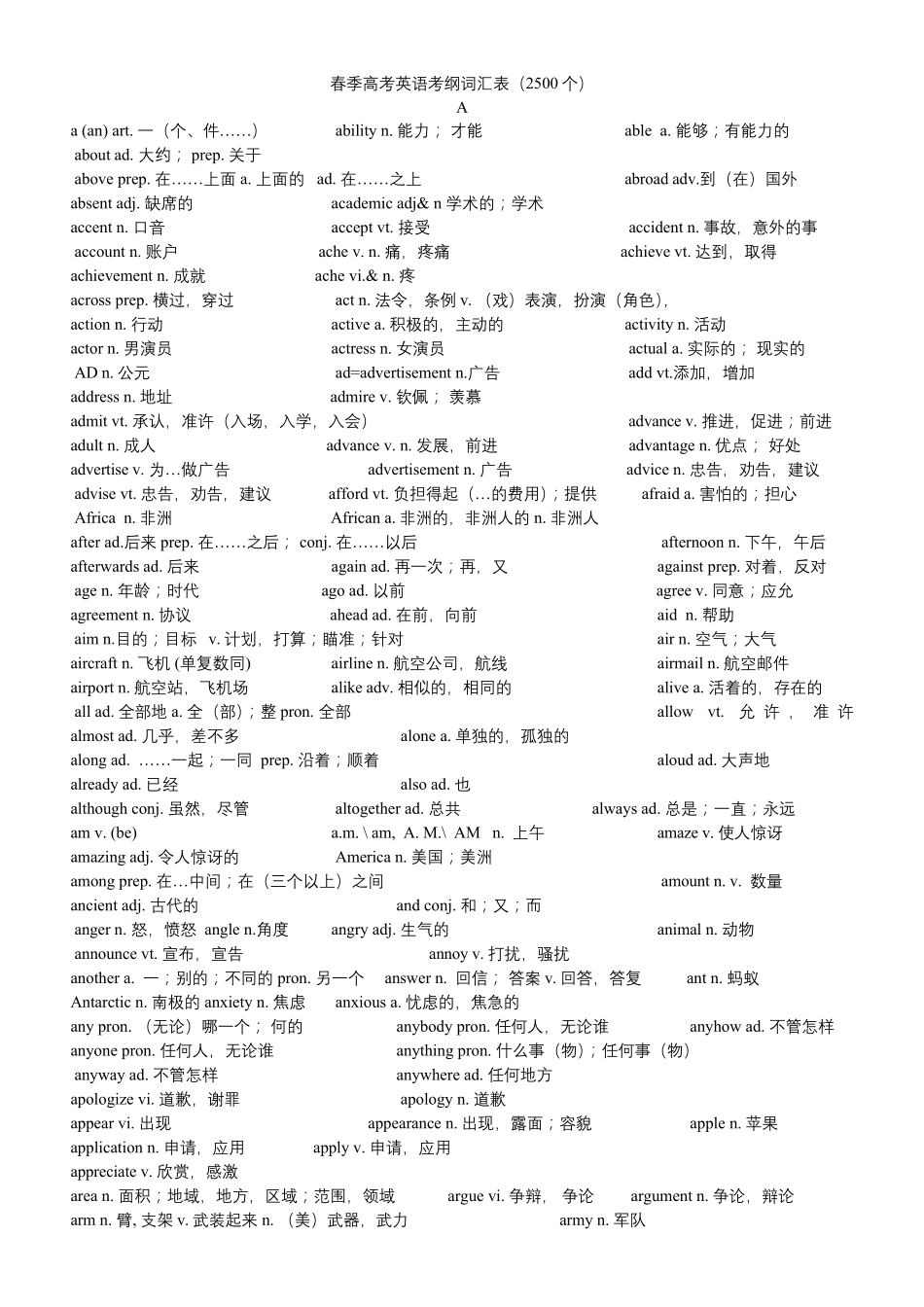 春季高考英语大纲词汇表(带汉语版)_第1页