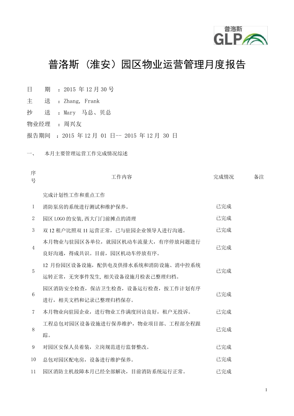普洛斯物业管理12月报淮安仓储_第1页