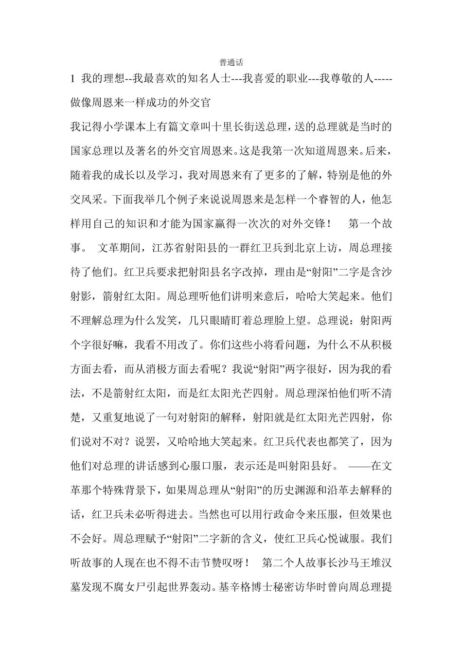 普通话30个说话题目例文整合_第1页