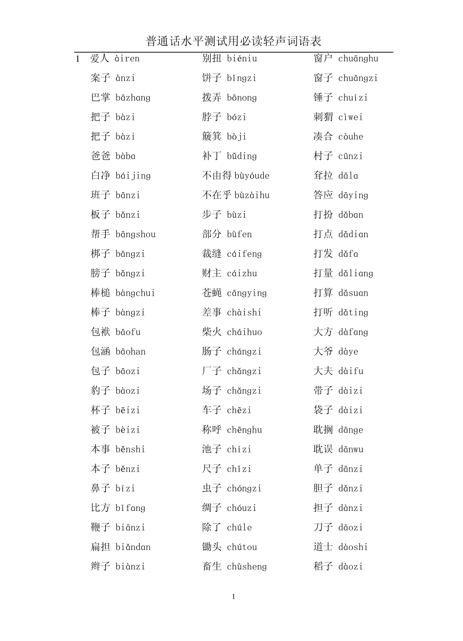 普通话水平测试用必读轻声词语表(含注音)_第1页