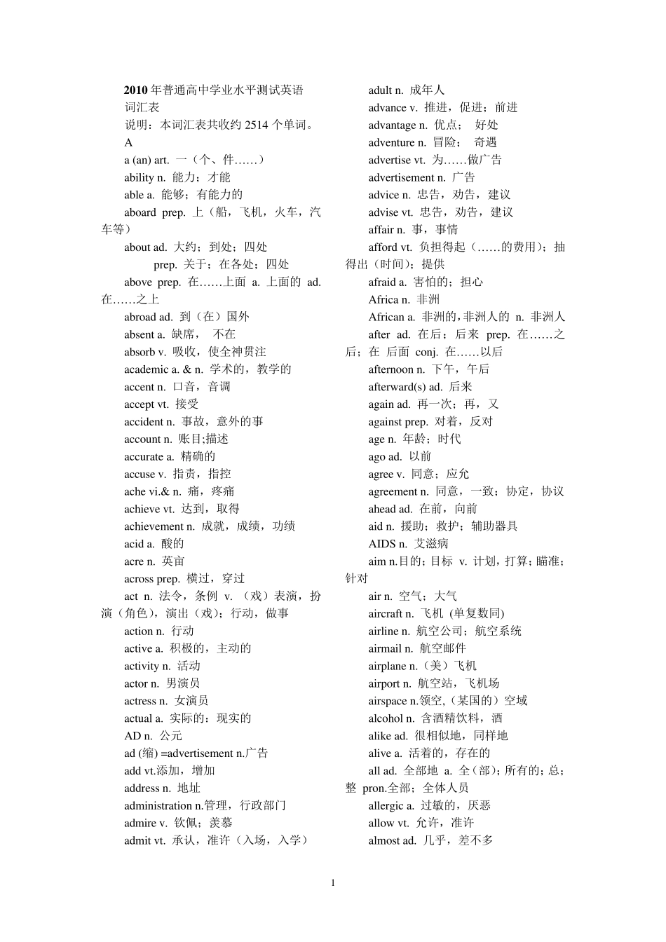 普通高中学业水平测试英语词汇表_第1页