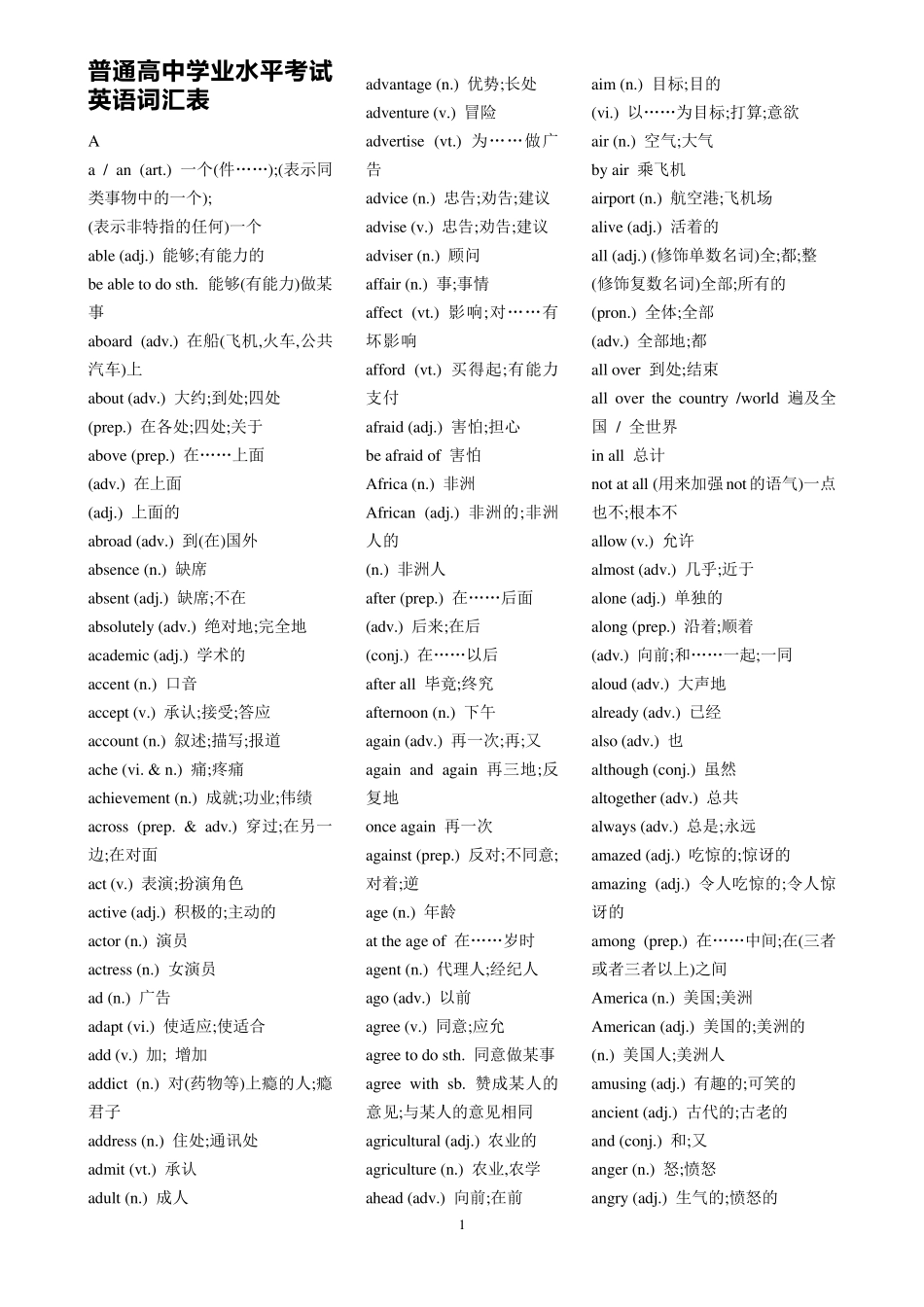 普通高中学业水平考试英语词汇表_第1页