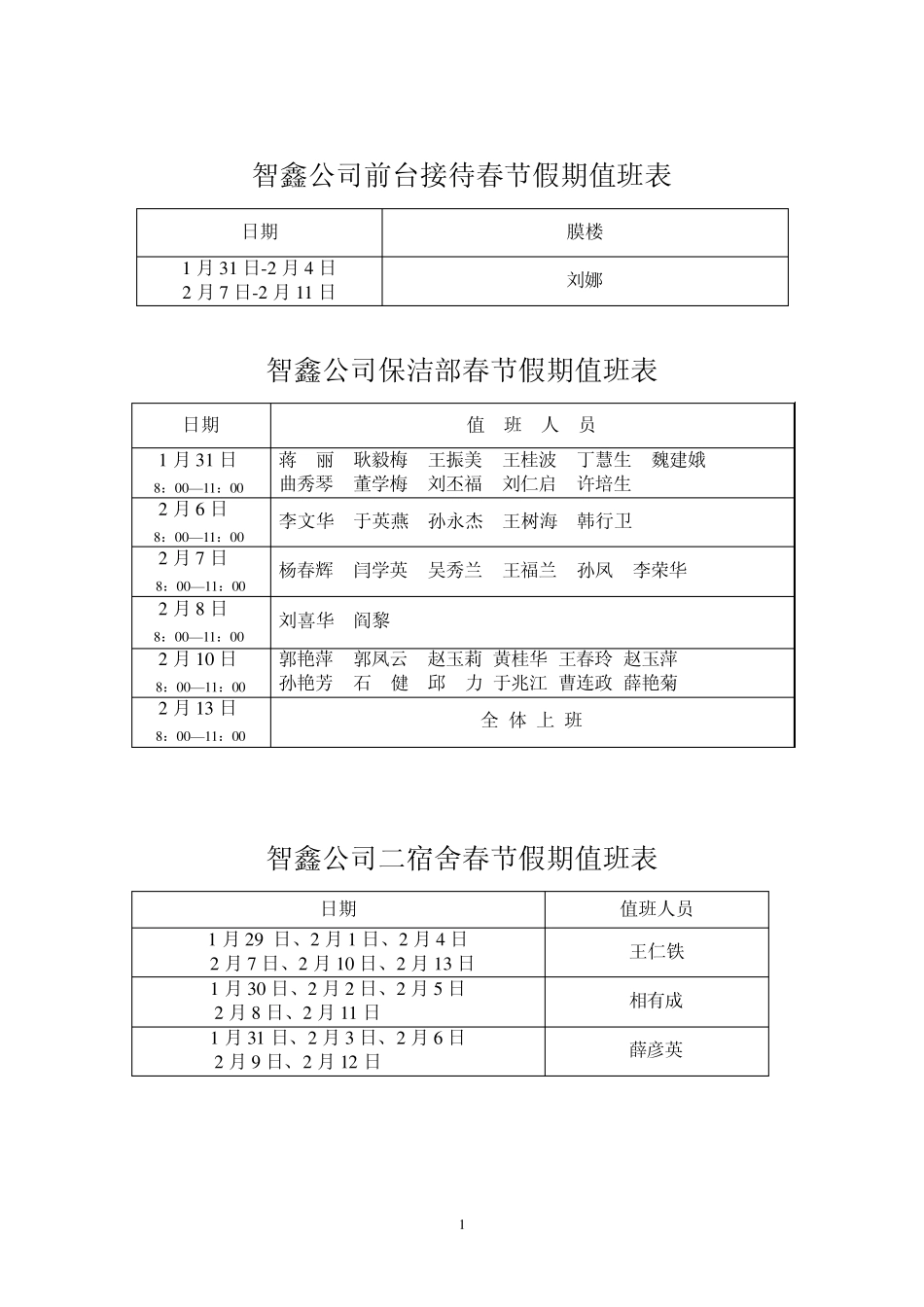 智鑫公司前台接待春节假期值班表_第1页