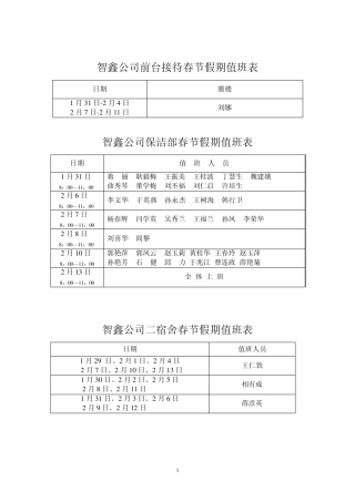 智鑫公司前台接待春节假期值班表