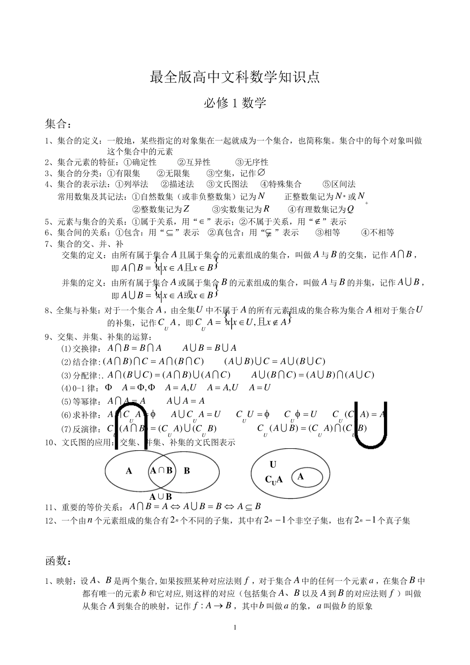 最全版高中文科数学知识点归纳_第1页