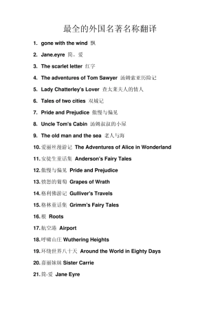 最全的外国名著名称翻译180部