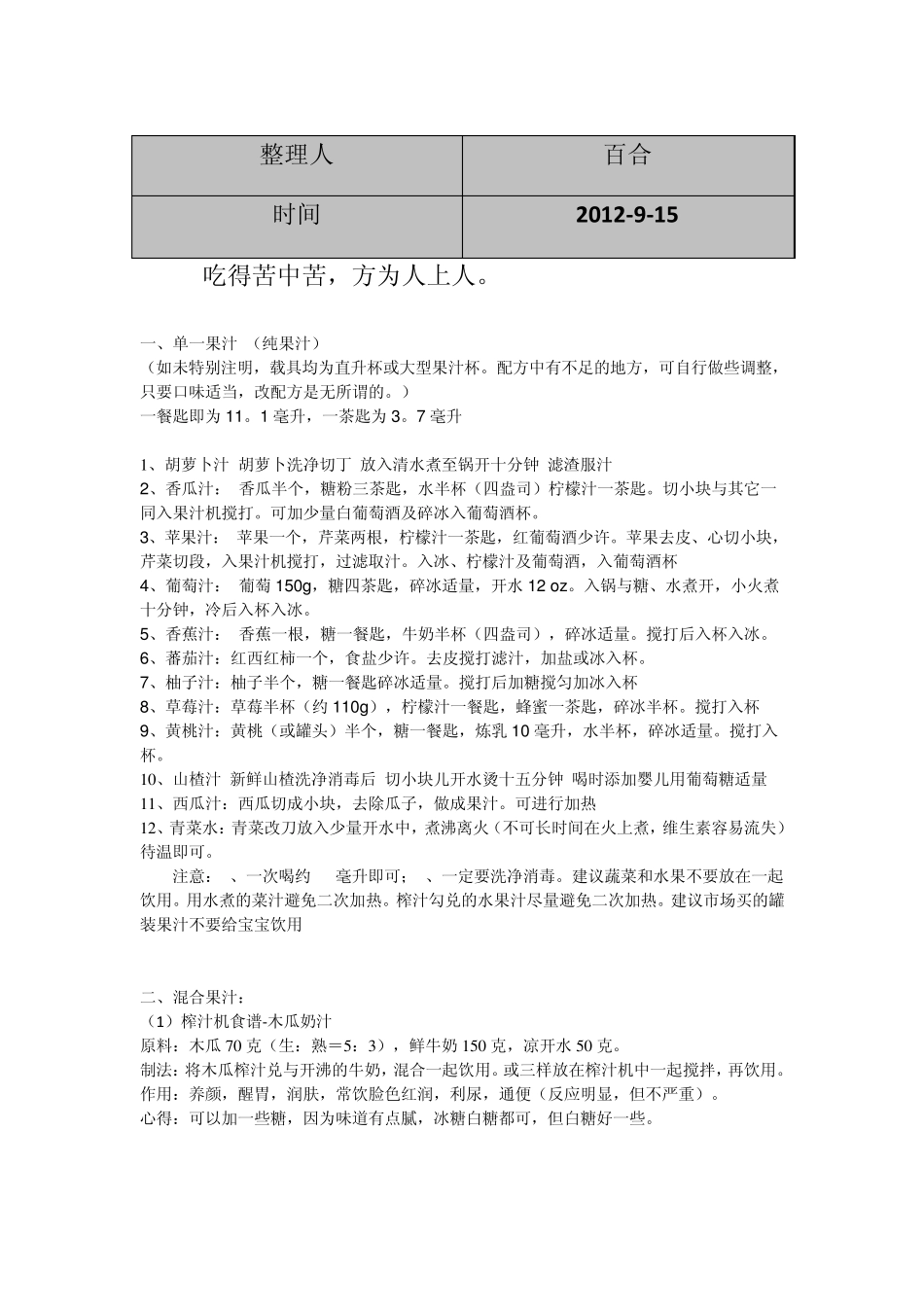 最全的料理机果汁制作食谱_第1页