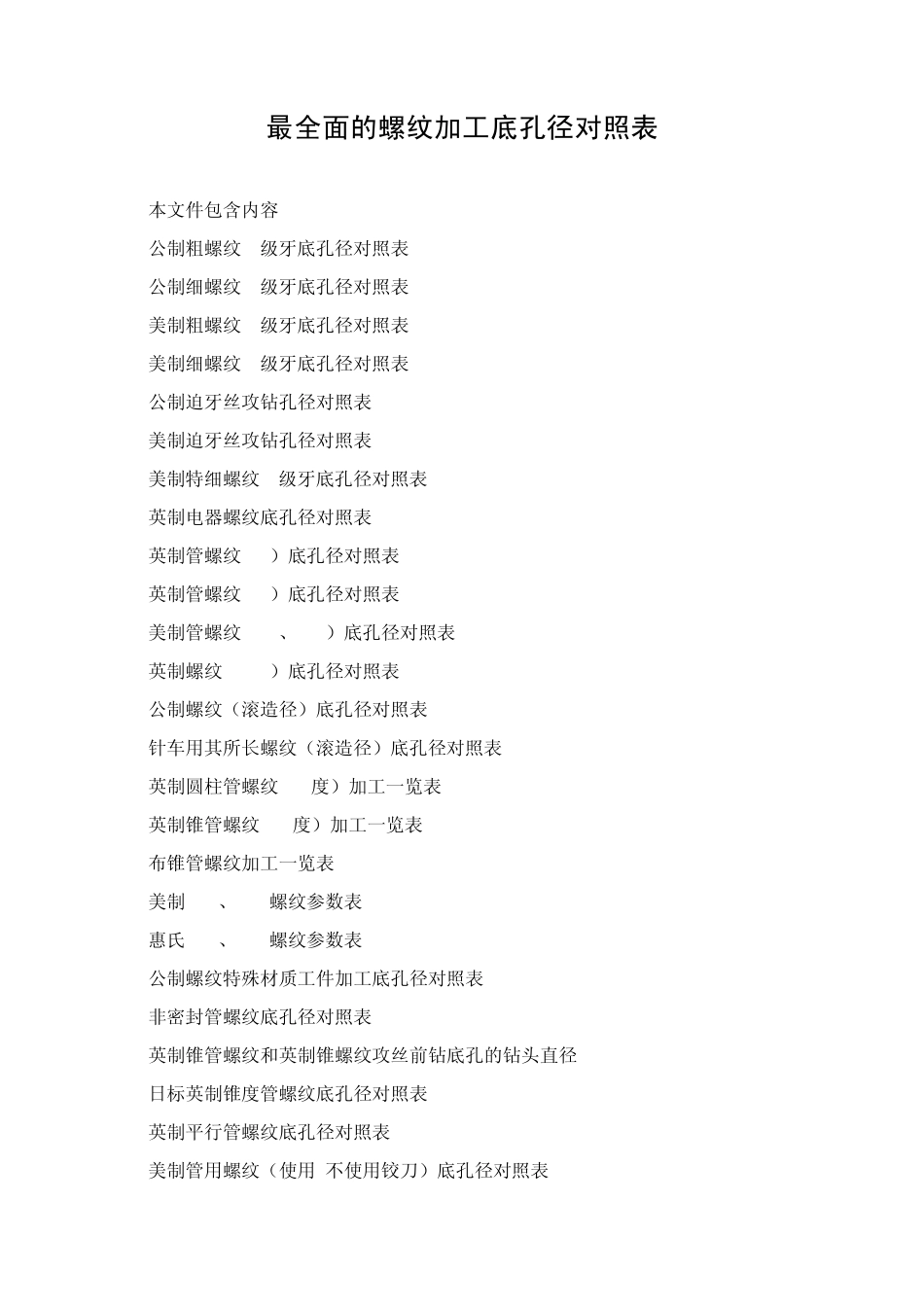 最全面的螺纹加工底孔径对照表_第1页