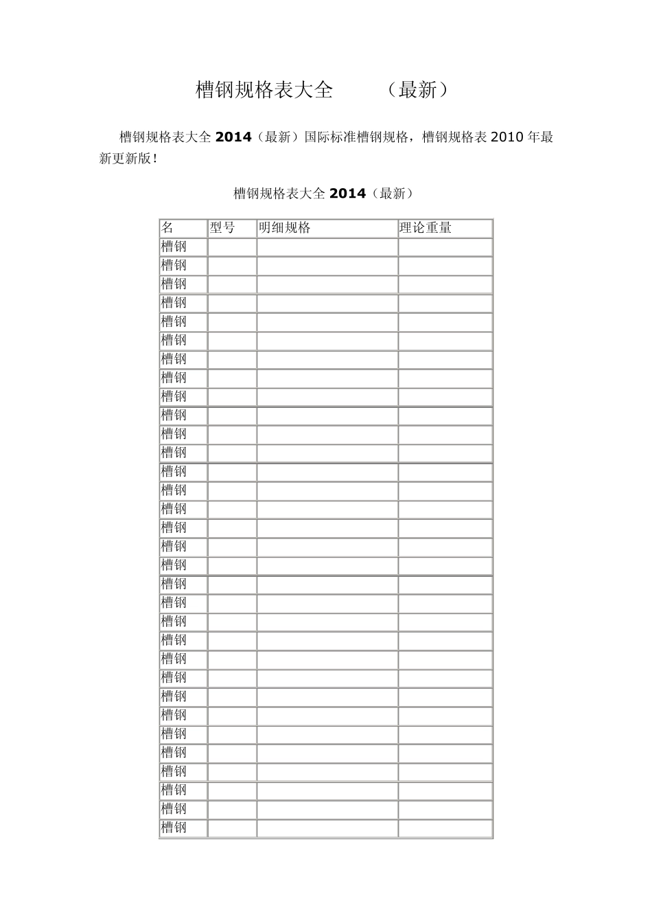 最新2014年国标槽钢规格表大全_第1页
