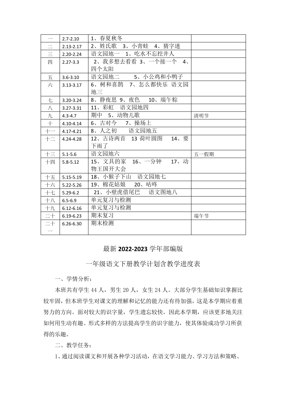 最新2023部编人教版一年级语文下册教学计划含教学进度表(2篇)_第3页