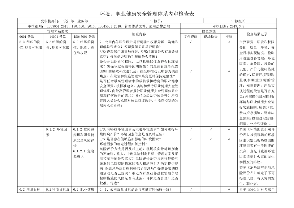 最新ISO9001、ISO14001、ISO45001三体系设计部和业务部内审检查记录(带记录)_第1页