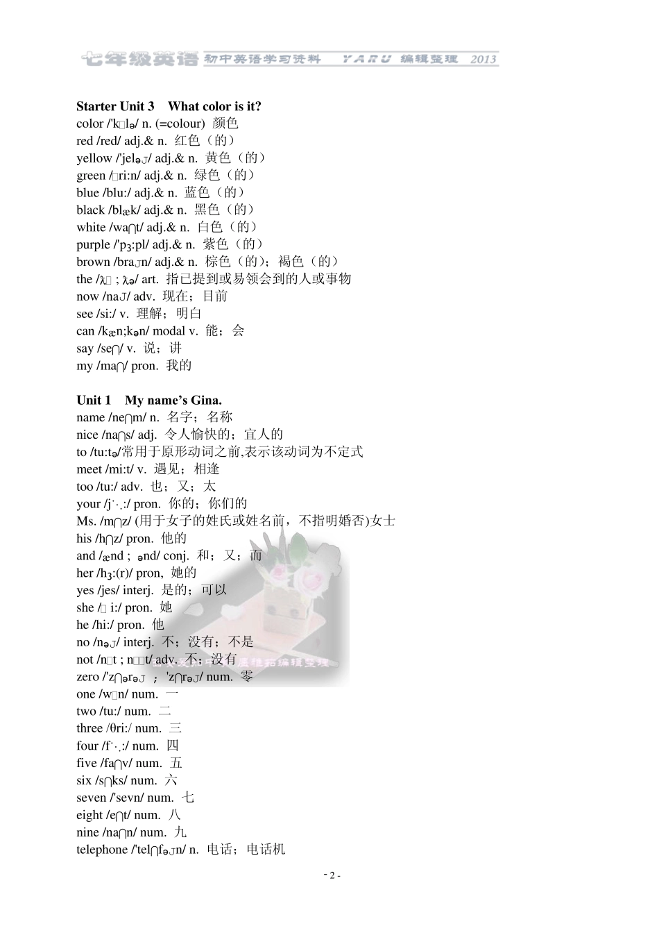 最新人教版七年级英语上册单词、音标、词性、词义_第2页