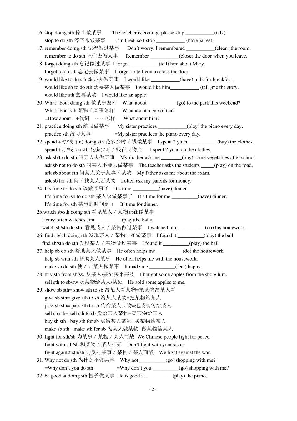最新人教版七年级英语下册动词固定搭配复习_第2页