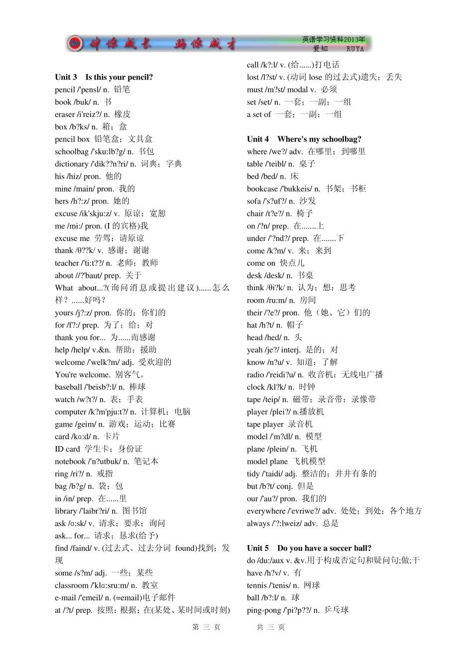 最新人教版英语七年级英语上下册目录单词_第3页