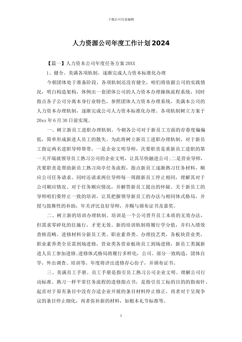 人力资源公司年度工作计划2024_第1页