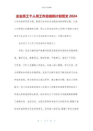企业员工个人月工作总结和计划范文2024
