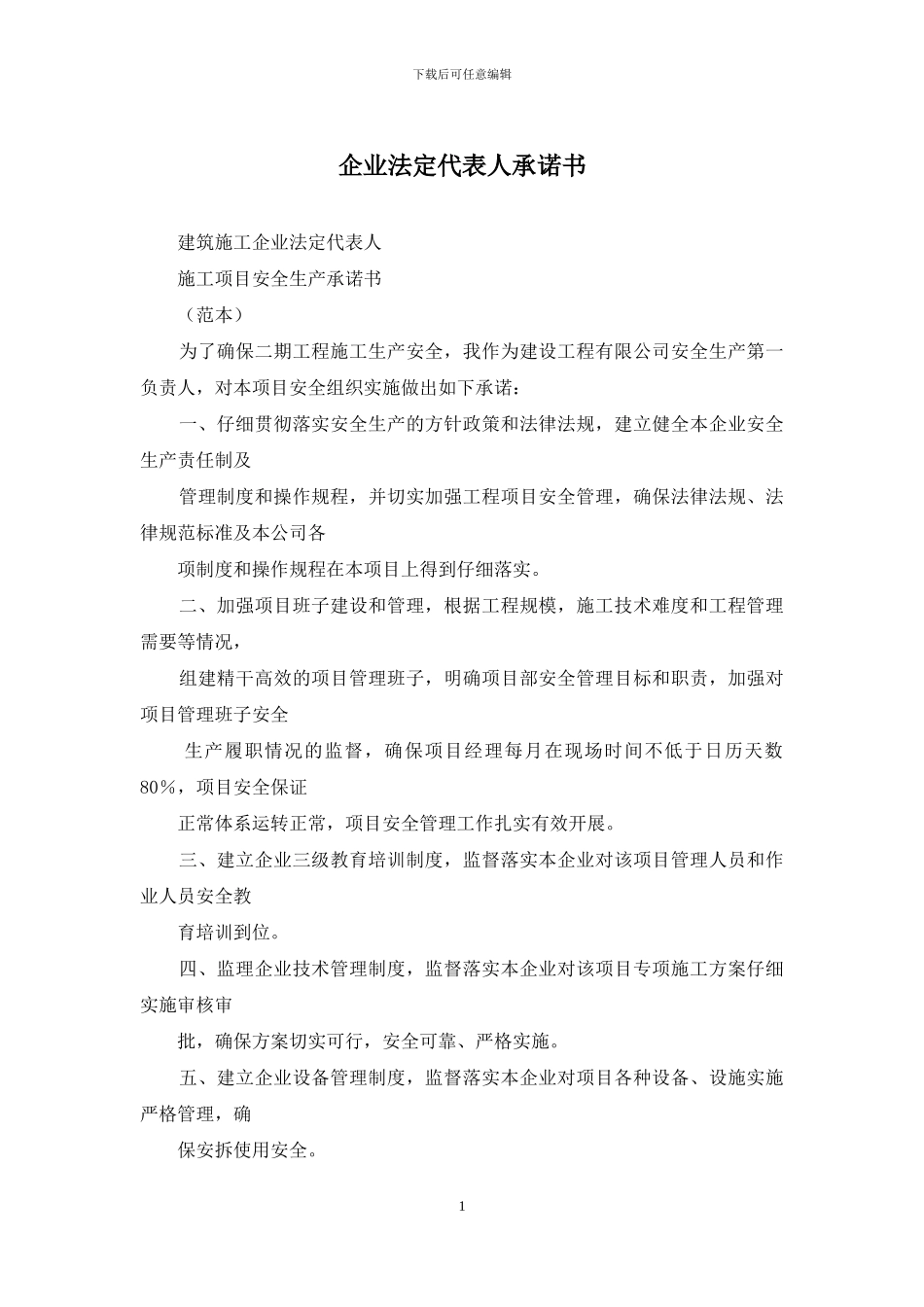 企业法定代表人承诺书_第1页