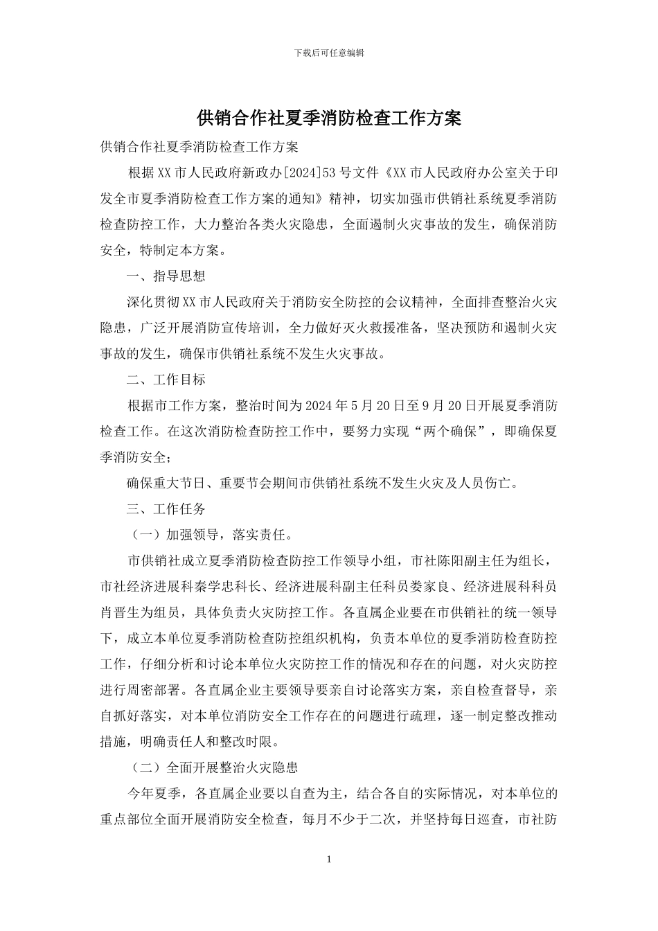 供销合作社夏季消防检查工作方案_第1页